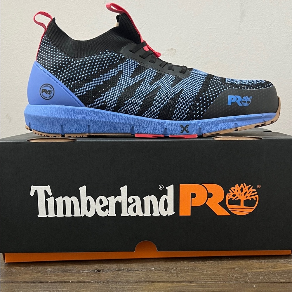 Timberland PRO Kids Black and Blue Knit Slip-On Sneaker with Pink Accents